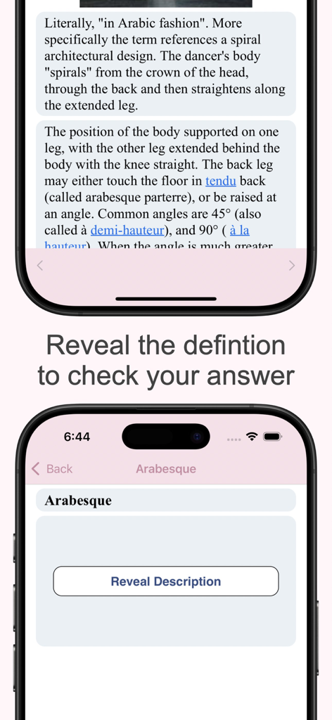 Ballet Lite - Una tarjeta de memoria de la aplicación Ballet Lite que muestra la definición del término Arabesque con un botón para revelar la descripción.