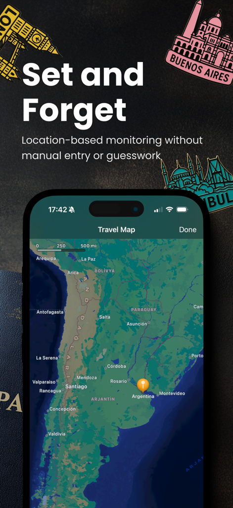 Country Days Tracker: Staydays - Staydays app interface showing automatic GPS location tracking on a travel map of South America.