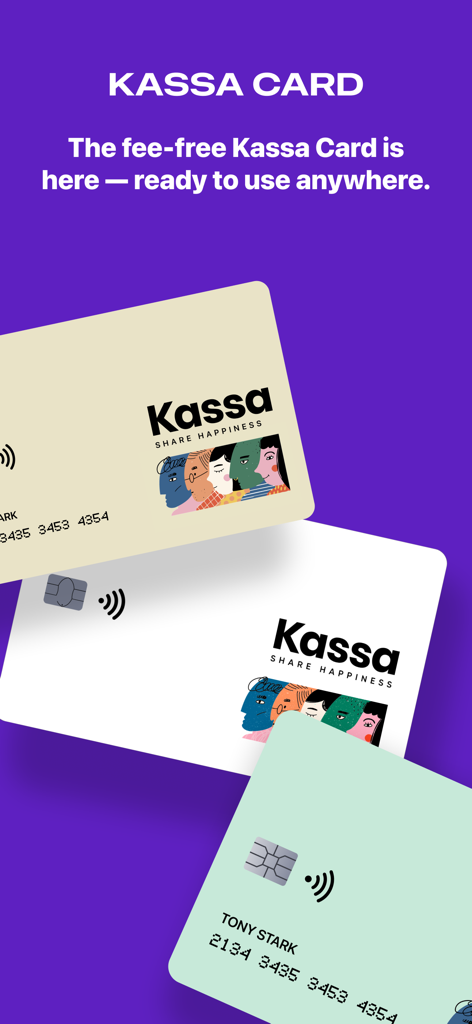 Three stylish Kassa debit cards in cream, white, and mint green colors featuring artistic illustrations on a purple background.