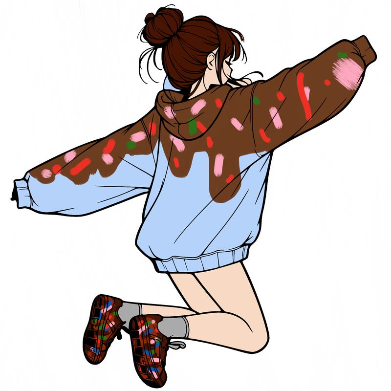 realistic girl jumping with a bun and oversized sweatshirt