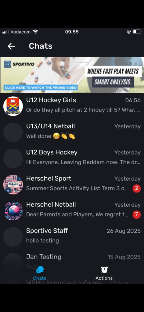 Sportivo Mobile - In-app messaging interface showing multiple sports team chat groups within the Sportivo Mobile platform.