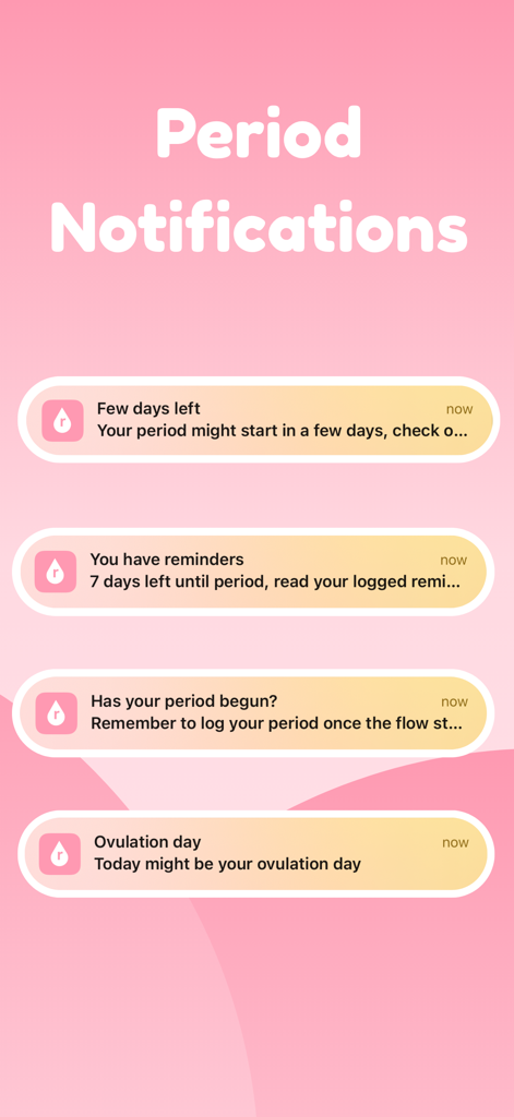 Period tracker - roony - Ejemplo de notificaciones de período y ovulación en la aplicación Roony sobre un fondo rosa.