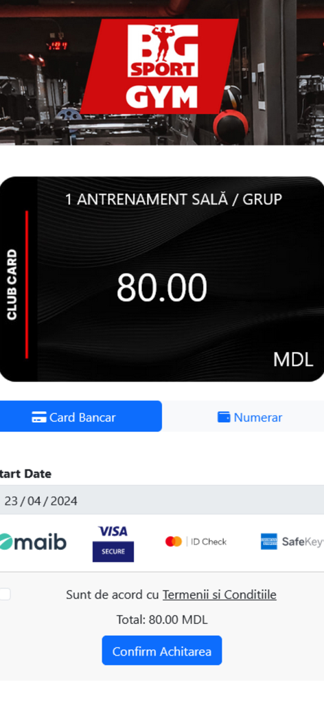 BigSportGym - BigSportGym mobile app interface showing the checkout process for a gym session with credit card payment options