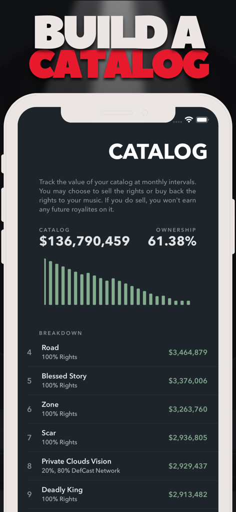 Interface de um aplicativo móvel para rastrear o valor do catálogo de música e os direitos de propriedade no simulador Rap Star.