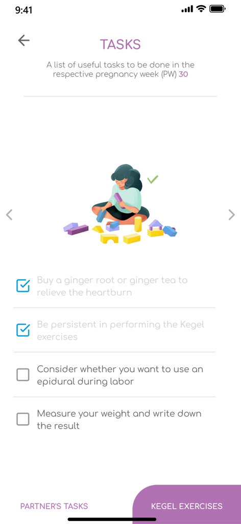 GAIA Pregnancy & Parenting - Weekly pregnancy tasks checklist for week 30 in the GAIA app showing health tips and exercise reminders