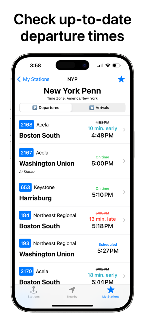 TrainTrack app interface showing real-time Amtrak departure times and status for New York Penn station.
