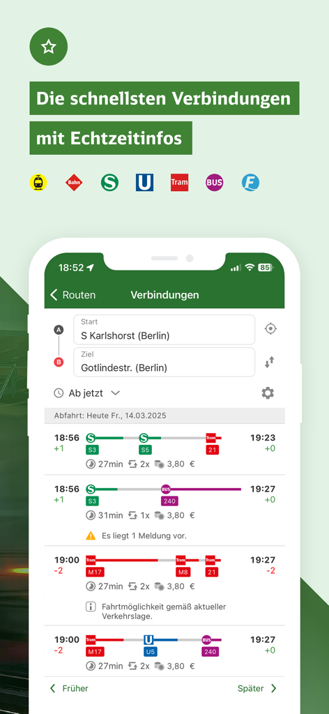 S-Bahn Berlin app route finder displaying real-time transit connections and travel times