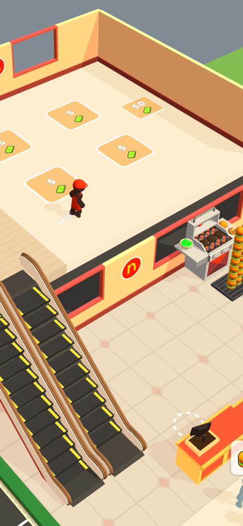 Vue isométrique d'un personnage dans un jeu de simulation de restaurant de restauration rapide