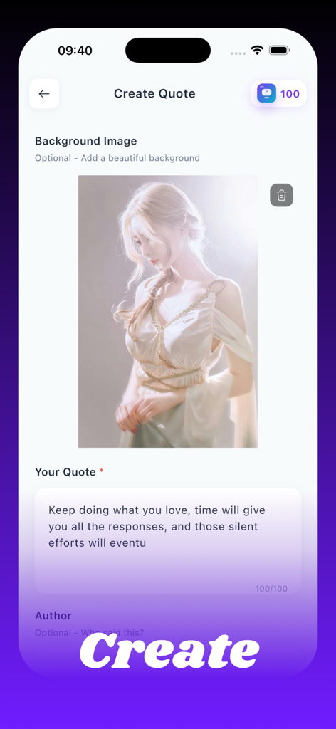 Baji~ - Interface of the Baji app showing tools to create an aesthetic quote card