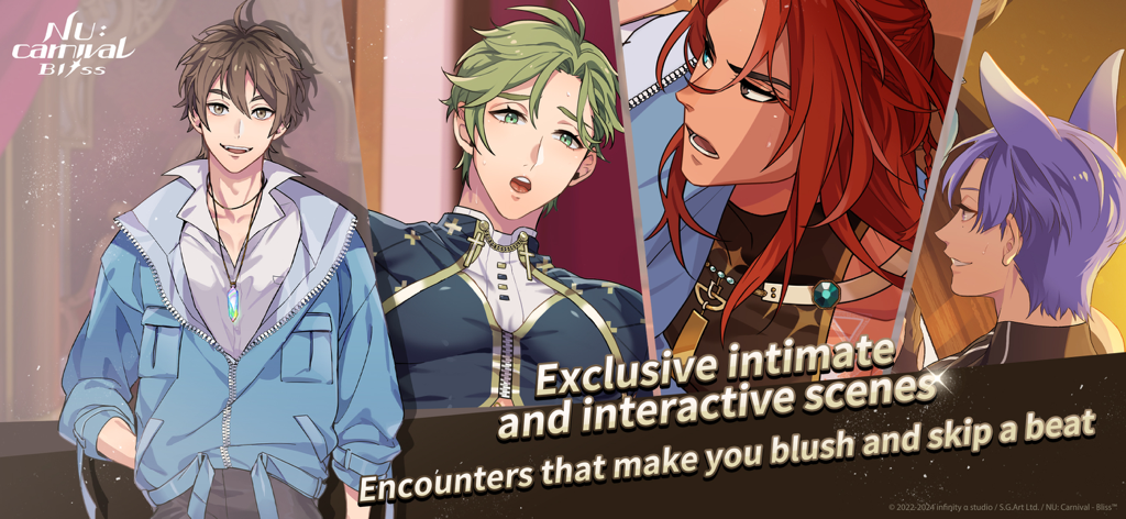 Banner promocional de NU: Carnival - Bliss con cuatro atractivos personajes de anime y texto sobre escenas interactivas íntimas.