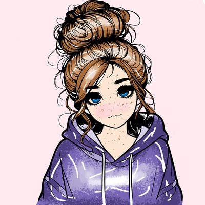 realistic girl with a massy bun and a hoodie
