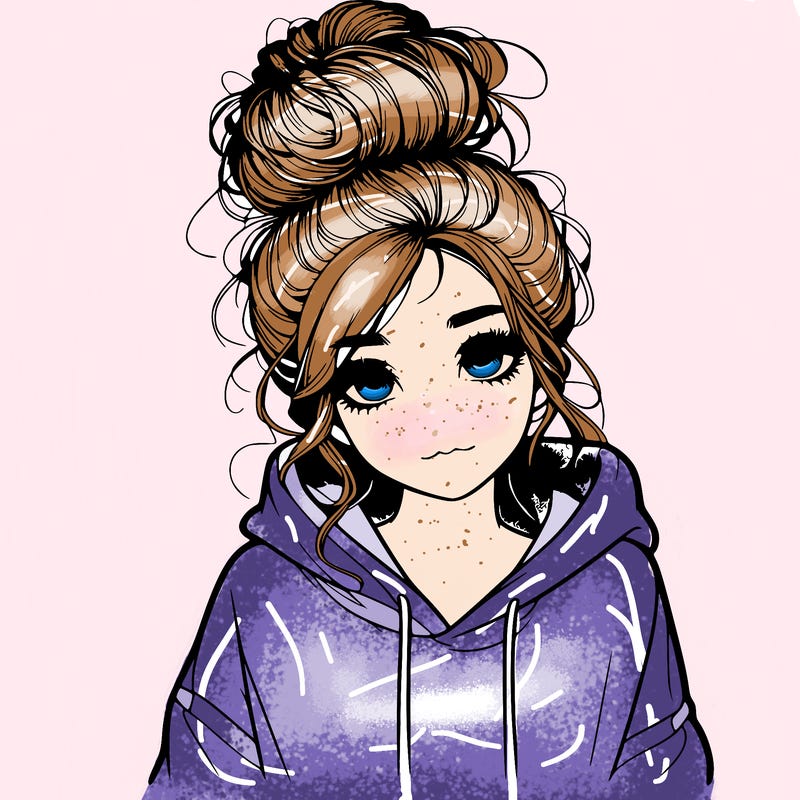 realistic girl with a massy bun and a hoodie