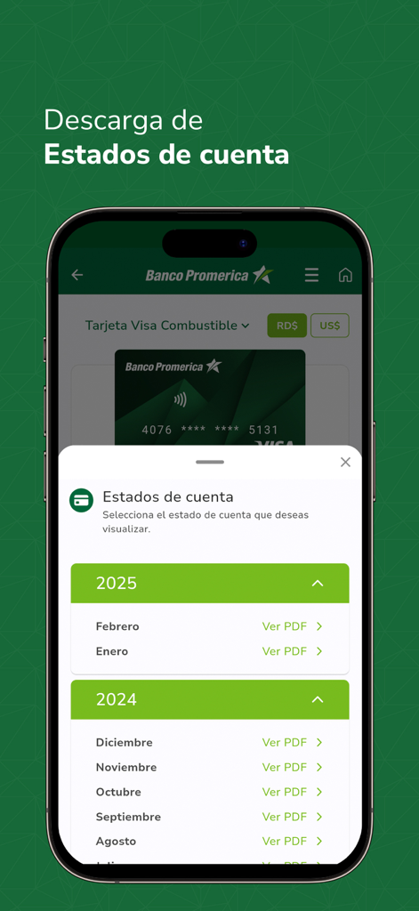Promerica Movil RD app screen showing the option to download monthly account statements in PDF format