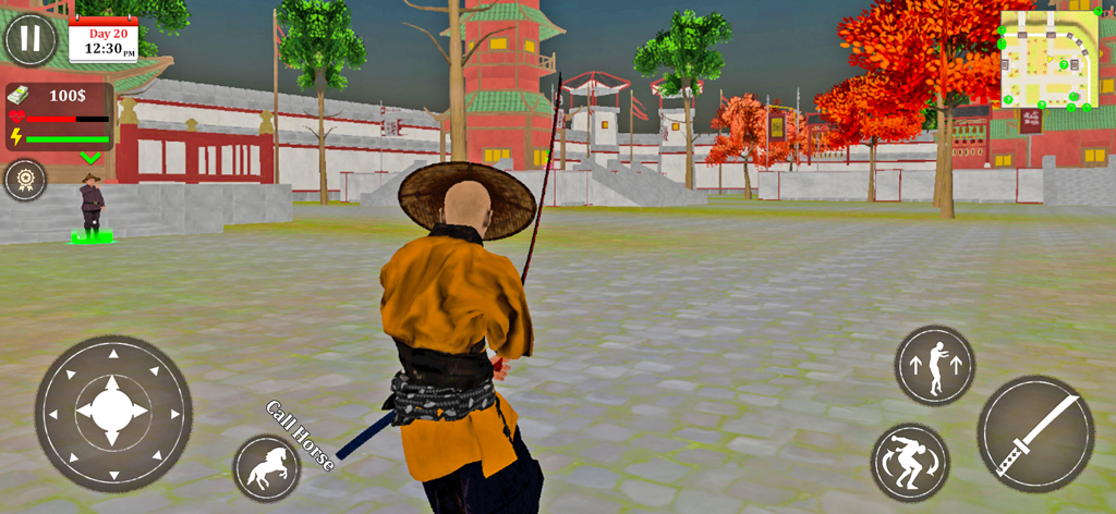Samurai Warrior Fighting Games - A samurai warrior in an open world courtyard in feudal Japan with game interface buttons
