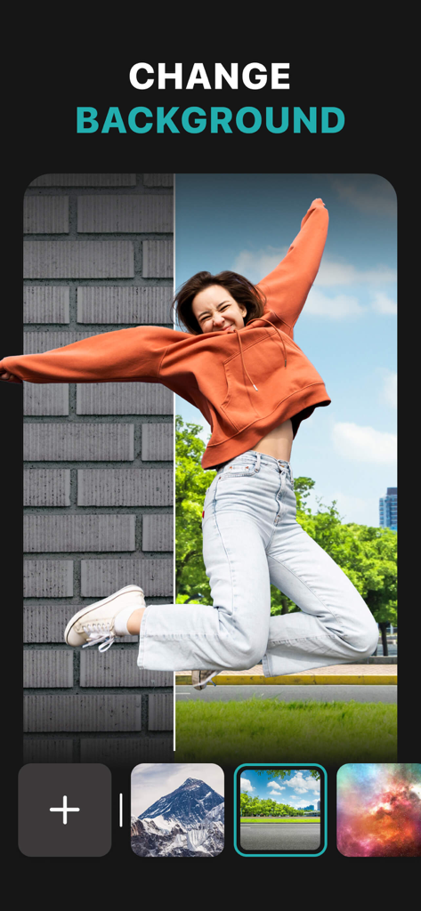 Screenshot of the PhotoLeaf app showing the background changer feature with a woman jumping over different scenery