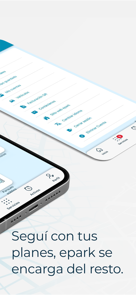 Dos smartphones mostrando la interfaz y el menú de la aplicación epark en español con el eslogan de la marca