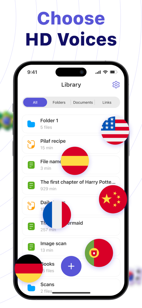 Text to Speech – Reading Aloud - Text to Speech app library screen showing documents and international flags for HD voice selection