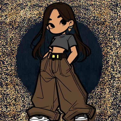 girl with long hair baggy pants and a crop top