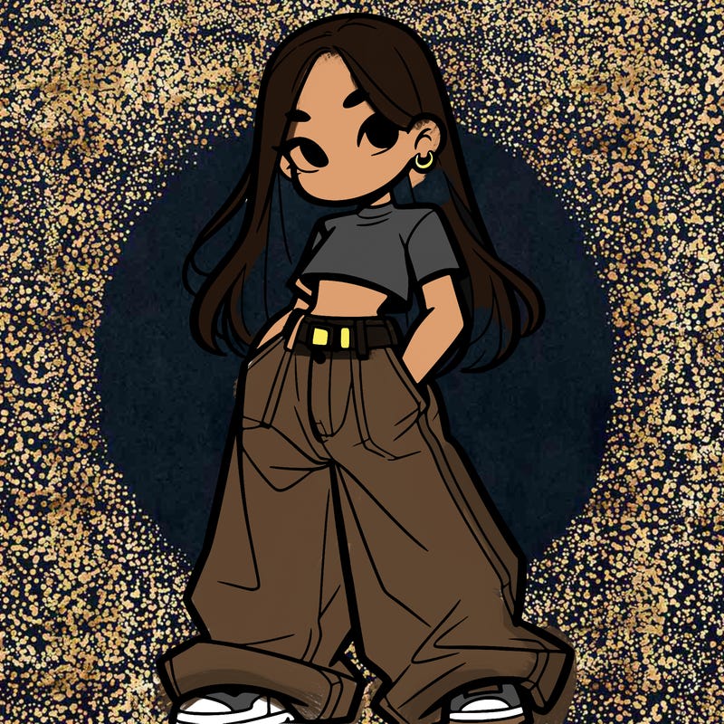 girl with long hair baggy pants and a crop top