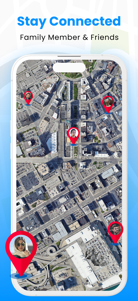 GPS Phone Tracker & Location - Uma tela de celular mostrando a interface do aplicativo Localizador de Celular GPS com as localizações dos membros da família marcadas em um mapa da cidade