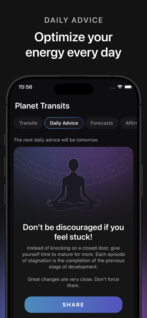 Human Design: HD Birth Chart - A smartphone displaying the Human Design app with daily spiritual advice and planet transit information.