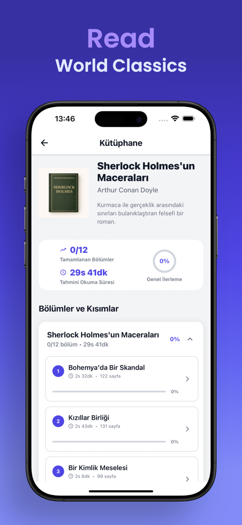 Learn English by FluenTech - Interfaz de la aplicación FluenTech que muestra una lista de lectura de clásicos mundiales como Sherlock Holmes con seguimiento del progreso.