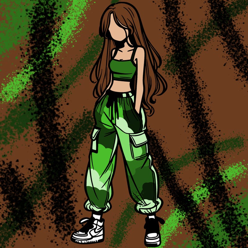 girl in baggy pants crop top and long hair