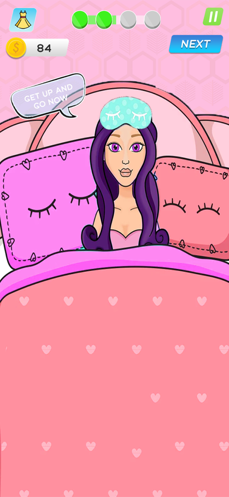 DIY Paper Doll Dress Up Game - Un personaje de muñeca de papel de dibujos animados con cabello morado despertando en una cama con estampado de corazones rosas
