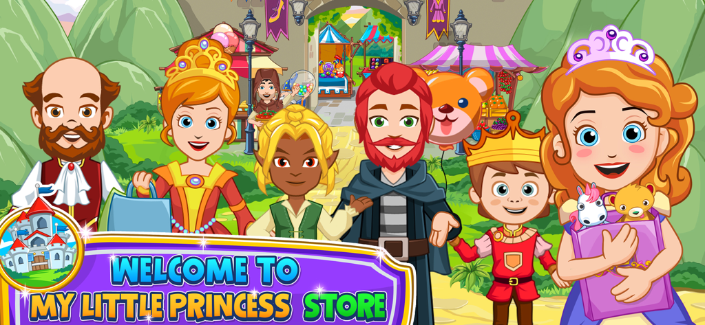 A colorful group of royal family characters standing in front of a medieval market with the text Welcome to My Little Princess Store.