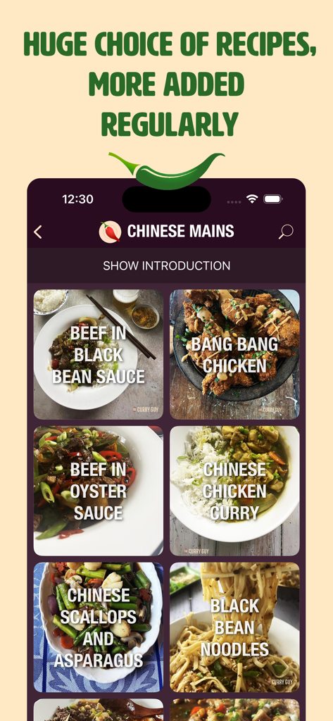 App interface of The Curry Guy showing a variety of Chinese recipes like Beef in Black Bean Sauce and Bang Bang Chicken