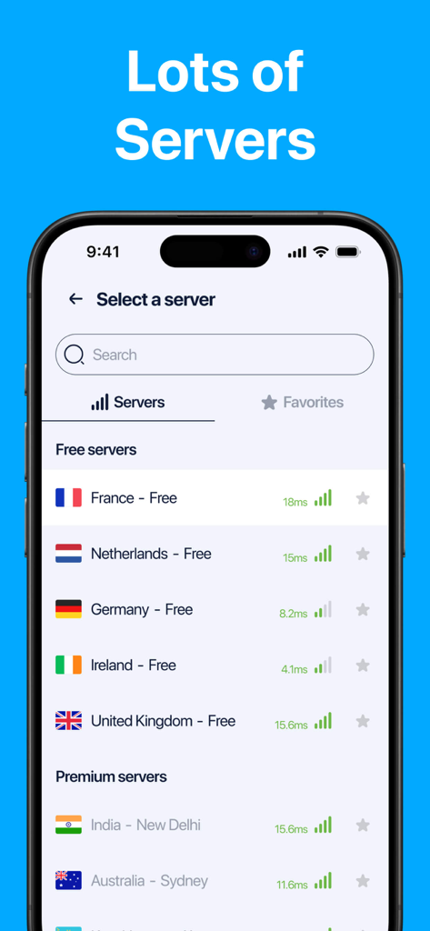 VPN Unlimitedㅤ - VPN Unlimited app interface showing a list of free and premium international servers with connection speed metrics.