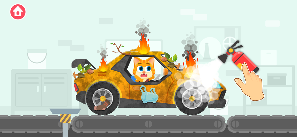 Car Wash Car Games for kids - Uma mão usando um extintor de incêndio para apagar chamas em um carro de desenho animado sujo com um motorista de gato