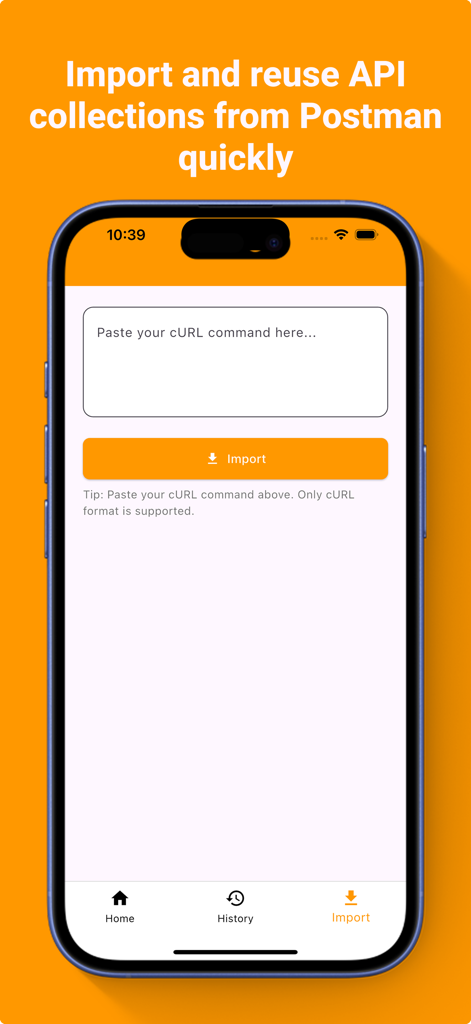 Interfaz para importar colecciones de API y comandos cURL en la aplicación móvil Postman