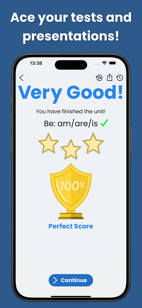 English Grammar Star: Game - Screenshot dell'app English Grammar Star che mostra una schermata di punteggio perfetto con un trofeo d'oro e stelle per un'unità completata