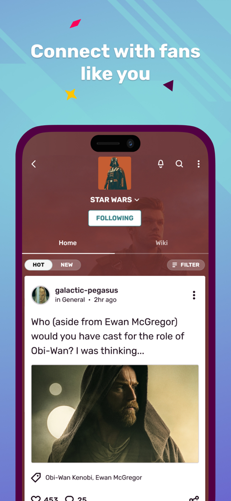 A mobile app interface for Fandom showing a Star Wars community discussion about casting for Obi-Wan Kenobi.