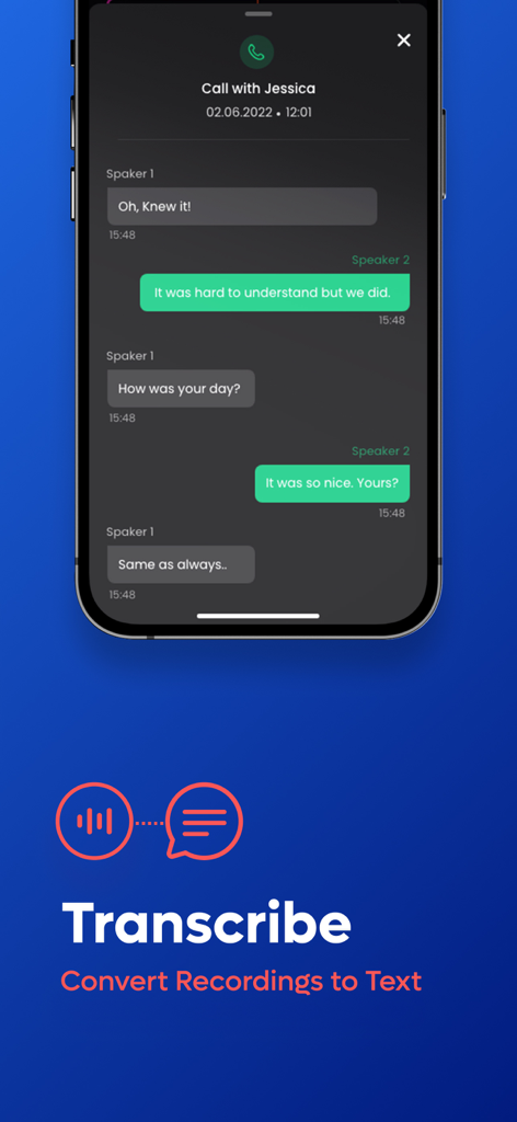 Call Recorder: ACR Phone Calls - Une interface d'application mobile affichant la transcription d'une conversation téléphonique entre deux interlocuteurs dans des bulles de texte.