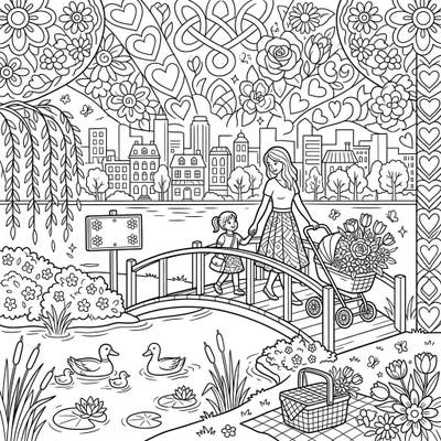 Immerse yourself in a heartwarming Mother's Day scene, depicting a mother and daughter enjoying a peaceful walk by an urban lake. This beautiful coloring page is perfect for celebrating the special bond between mothers and children.
