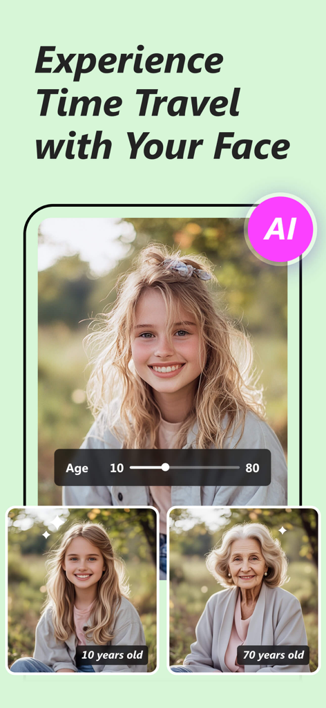 Picwand AI Photo Video Editor - Picwand AI mobile app interface showing a facial age progression filter with examples of a person at 10 and 70 years old