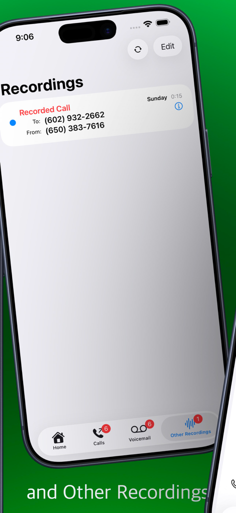 TwiPhone Pilot - TwiPhone Pilot app interface displaying a list of recorded business calls on an iPhone