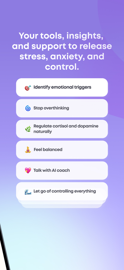 Características clave de la aplicación Soula AI Therapist que incluyen identificación de desencadenantes emocionales y coaching de IA para el alivio del estrés