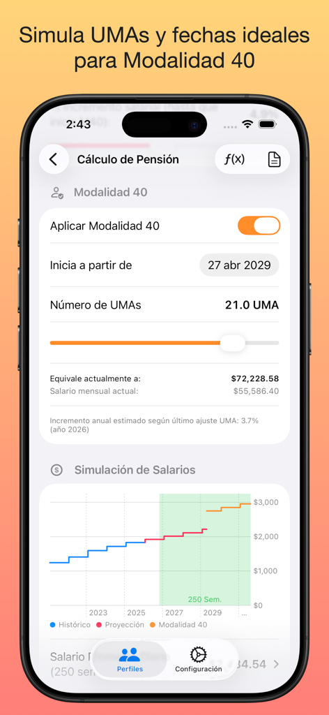 Pantalla móvil mostrando el cálculo de la pensión IMSS y el gráfico de simulación de salario de la Modalidad 40