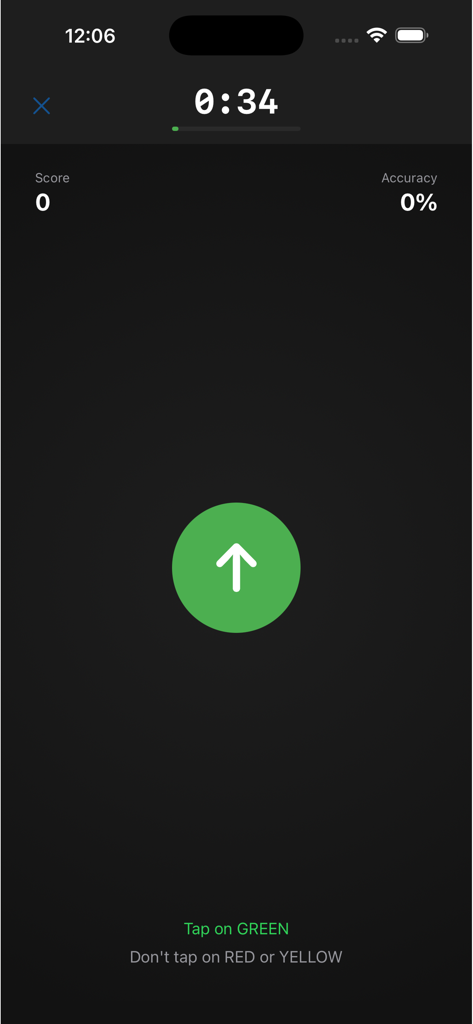 Interfaz de juego de la aplicación Focus Trainer que muestra un ejercicio de atención con un temporizador y un círculo verde.