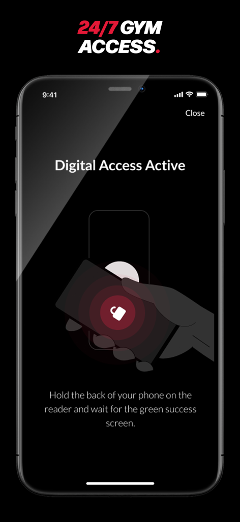 Zap Fitness - Zap Fitnessアプリのモバイル画面。リーダーにスマホをスキャンして24時間年中無休でジムに入場できるデジタルアクセス機能を示しています。