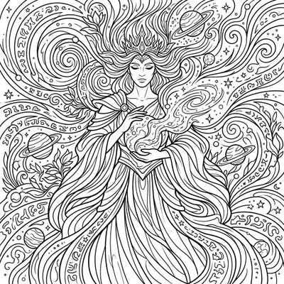 Embark on an epic coloring journey with this Primeval Creation Deity. This intricate design features a cosmic goddess ready for you to bring her ancient power to life with your favorite colors.