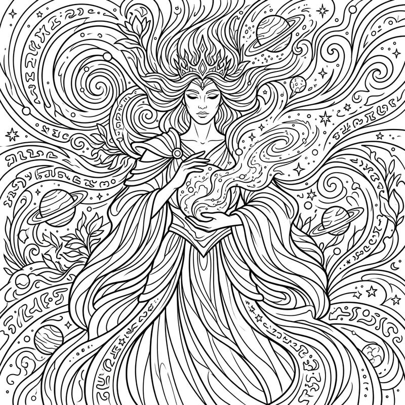 Embark on an epic coloring journey with this Primeval Creation Deity. This intricate design features a cosmic goddess ready for you to bring her ancient power to life with your favorite colors.