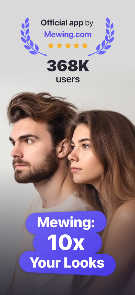 Man and woman showing their jawlines in the official Mewing app advertisement