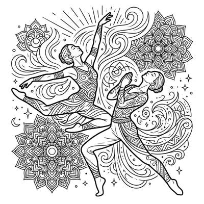 Discover serenity and artistic expression with this captivating adult coloring page, featuring two dancers gracefully embodying spiritual journeys amidst a tapestry of mandalas and sacred symbols. Designed for mindfulness and stress relief, it offers an intricate escape into creative meditation.