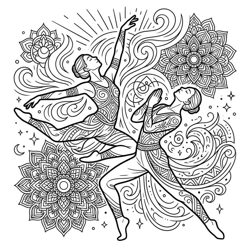 Discover serenity and artistic expression with this captivating adult coloring page, featuring two dancers gracefully embodying spiritual journeys amidst a tapestry of mandalas and sacred symbols. Designed for mindfulness and stress relief, it offers an intricate escape into creative meditation.