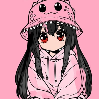 girl with anime shaped eyes with a dinosaur bucket hat oversized sweatshirt long straight hair