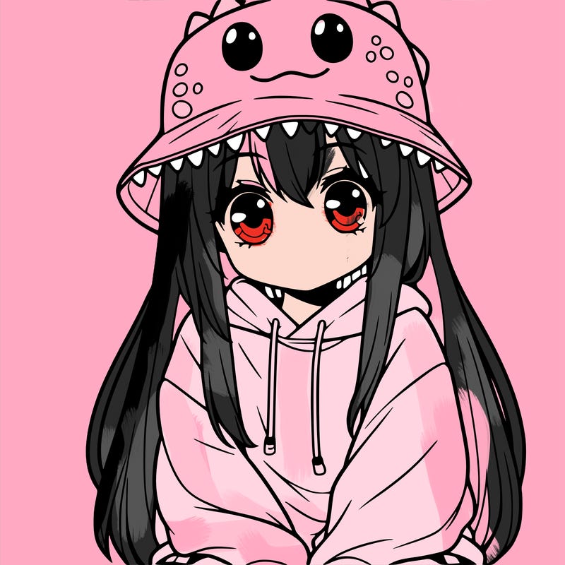 girl with anime shaped eyes with a dinosaur bucket hat oversized sweatshirt long straight hair